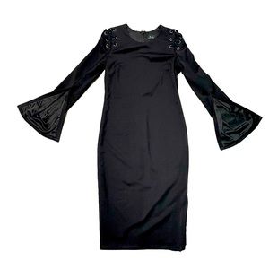 Bardot Flare Sleeve Lace up Shoulder Slit Pencil Midi Dress - Size 6 - Black